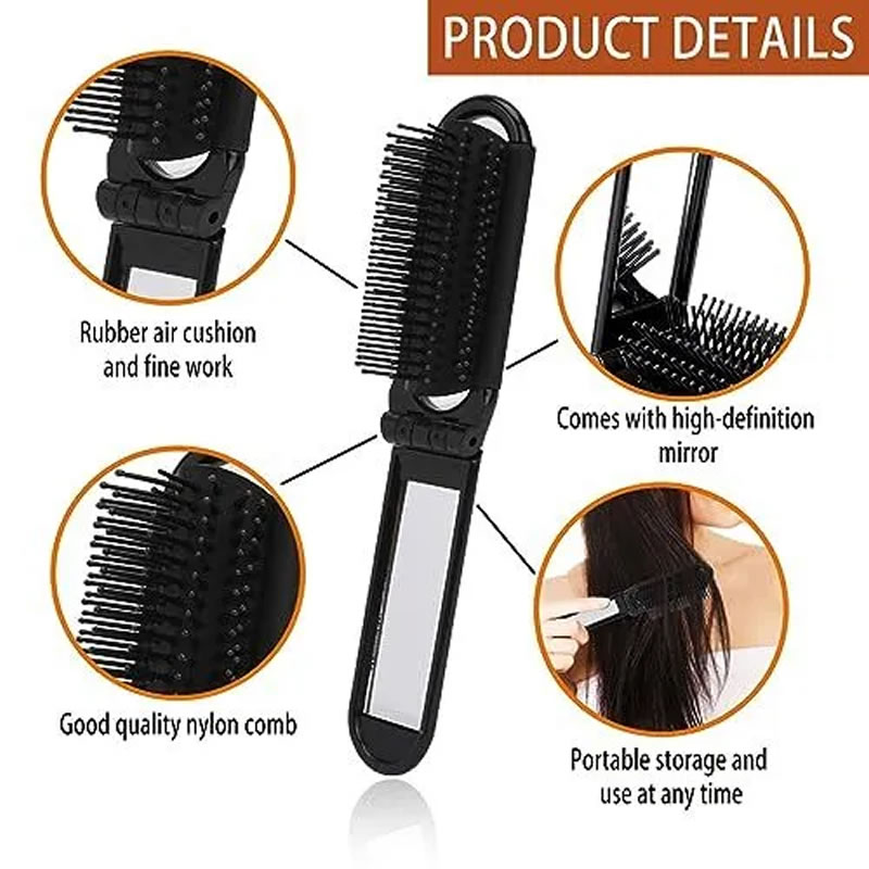 Black Travel Hair Brush with Mirror Pack Folding Hair Brush Wet Brush