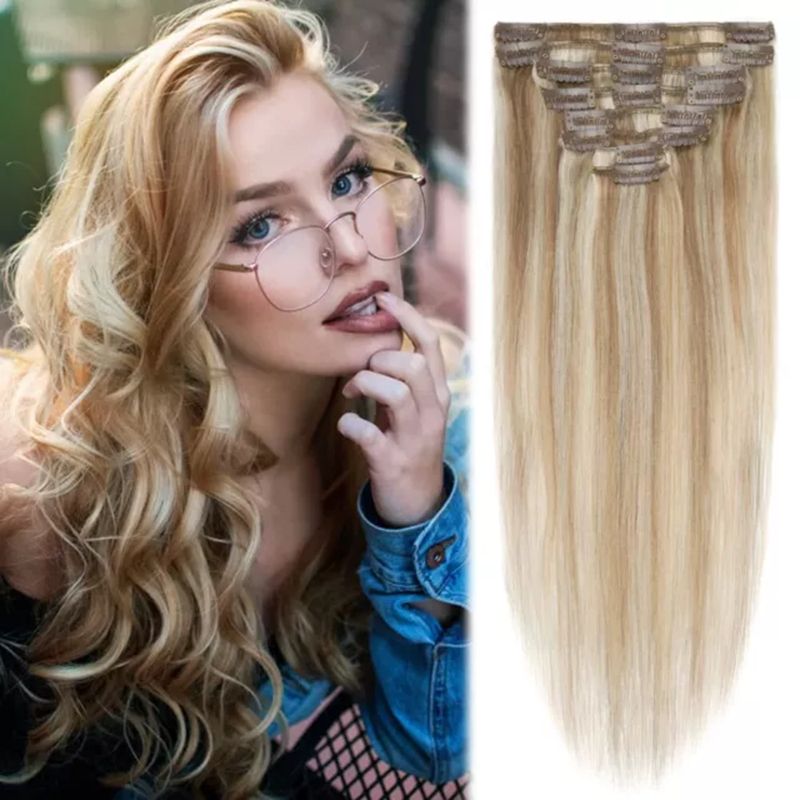 Clip In 100% Real Human Remy Hair Extensions Full Head Highlight straight 8 pcs.