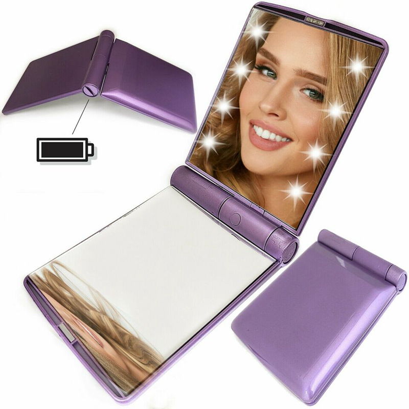 LED Lights Cosmetic Compact Mirror- Foldable & Rechargeable purple color