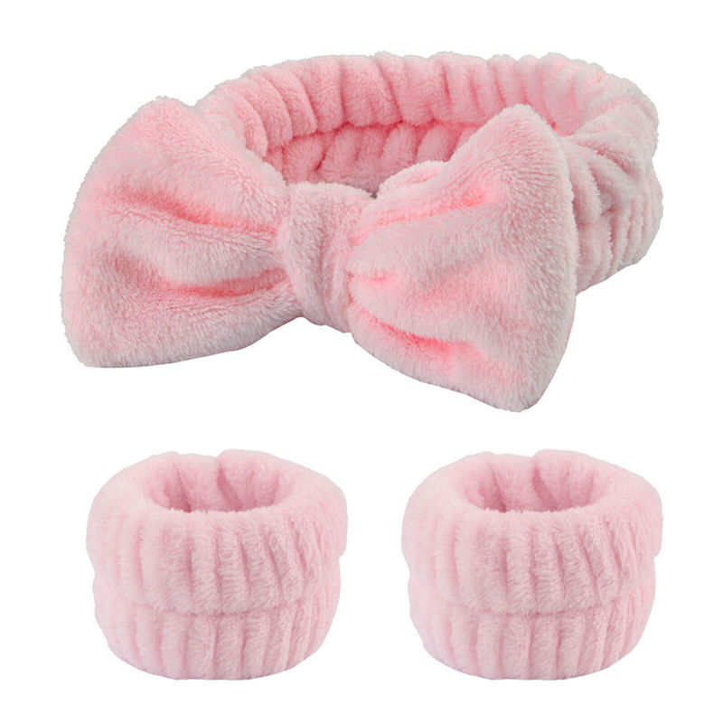 3pcs  Big Bow Spa Headband Wrist Washband Set Absorbent Scrunchies Cuffs Skin Care Tool