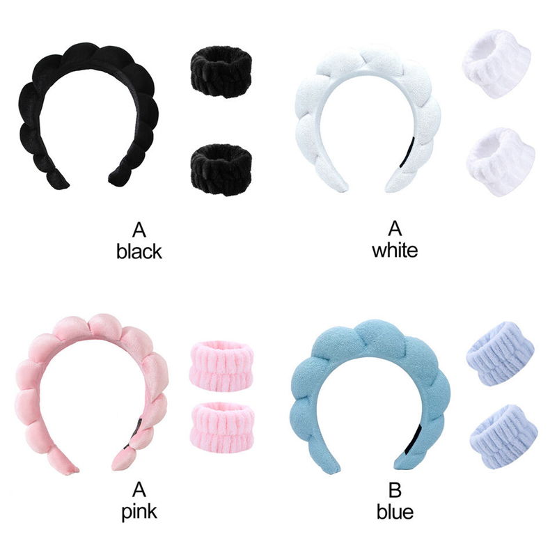 3Pcs Set Woman's Spa Headband Wrist Wash band Coral Fleece Bow Make up Headband