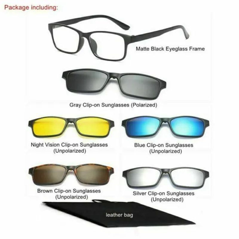 5 PACK Magnetic Clip-on Sunglasses Polarized + Classic Eyeglass Frames Rx AT