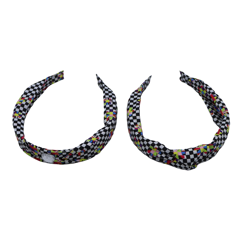 2PK Black and white plaid headband 2.5cm wide tartan fabric covered hair band with crystal decoration