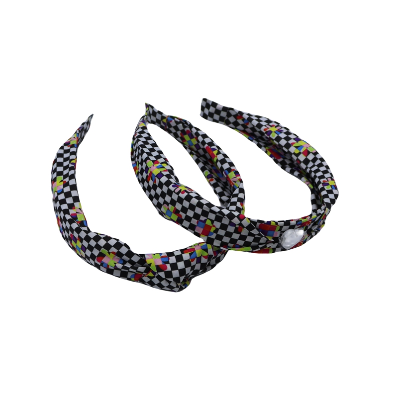 2PK Black and white plaid headband 2.5cm wide tartan fabric covered hair band with crystal decoration