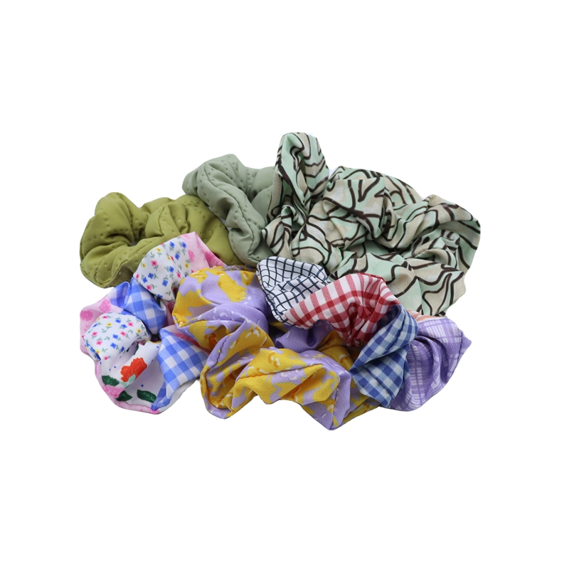  Set of 7 Scrunchies in Assorted Plaids and solid army Green